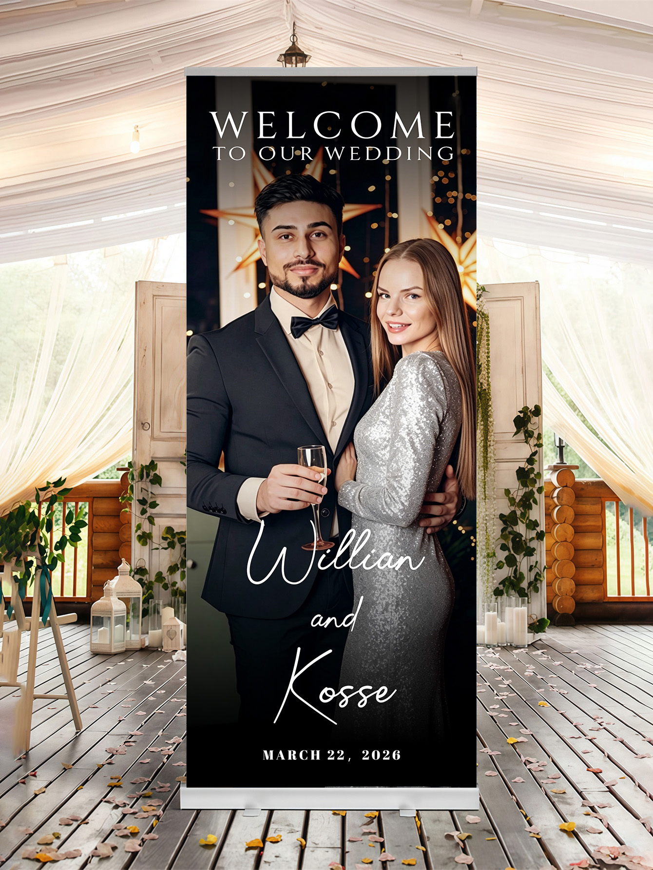 Customized wedding retractable banners - personalized photo wedding welcome signs, reception decorations and background curtains